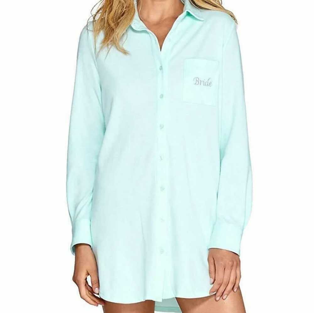 Flora By Flora Nikrooz Nightshirt Small Bridal Blue Embroidered Bride NEW FLAW